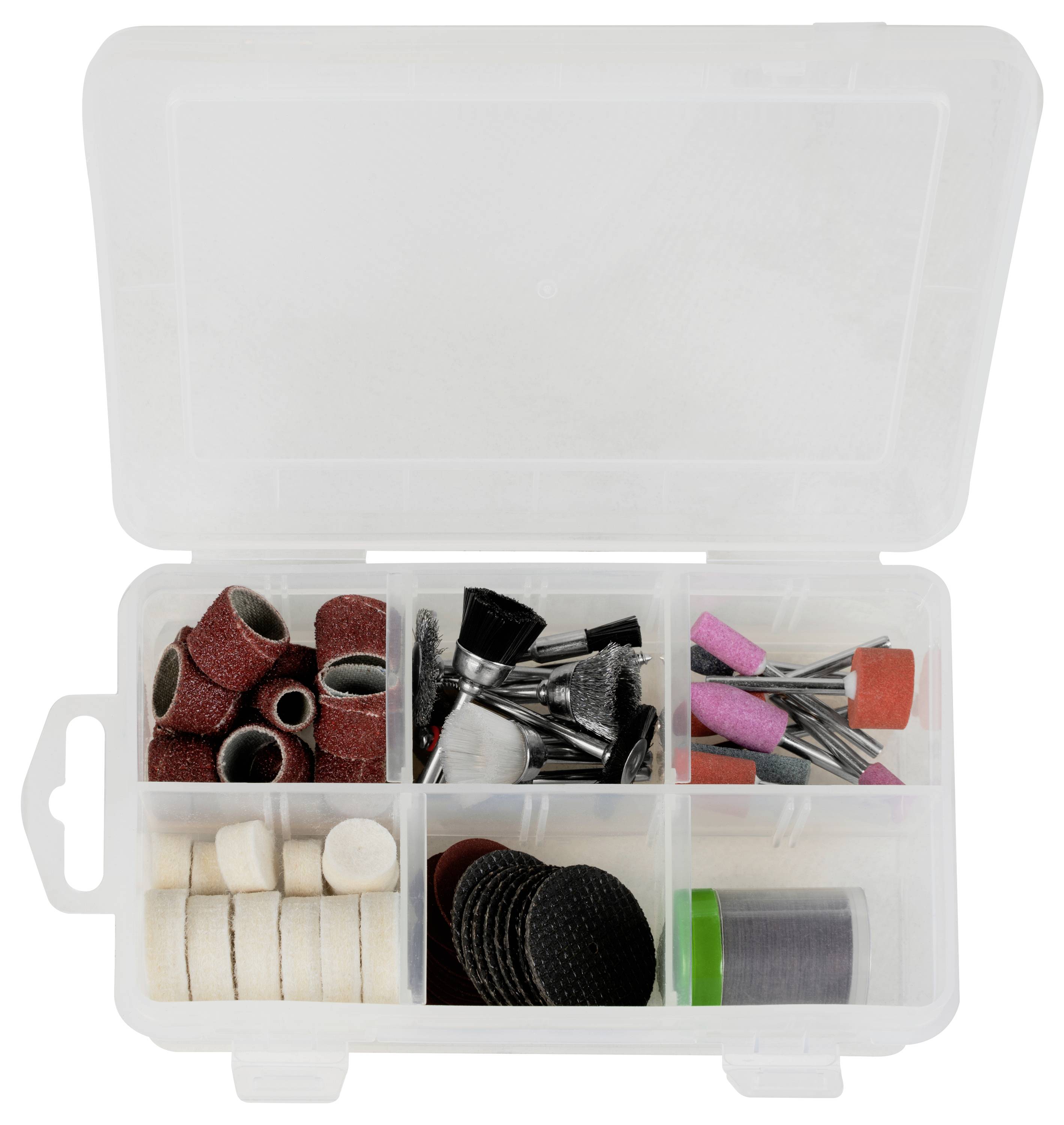 Boîte en plastique contenant divers forets et accessoires de ponçage organisés dans des compartiments séparés.