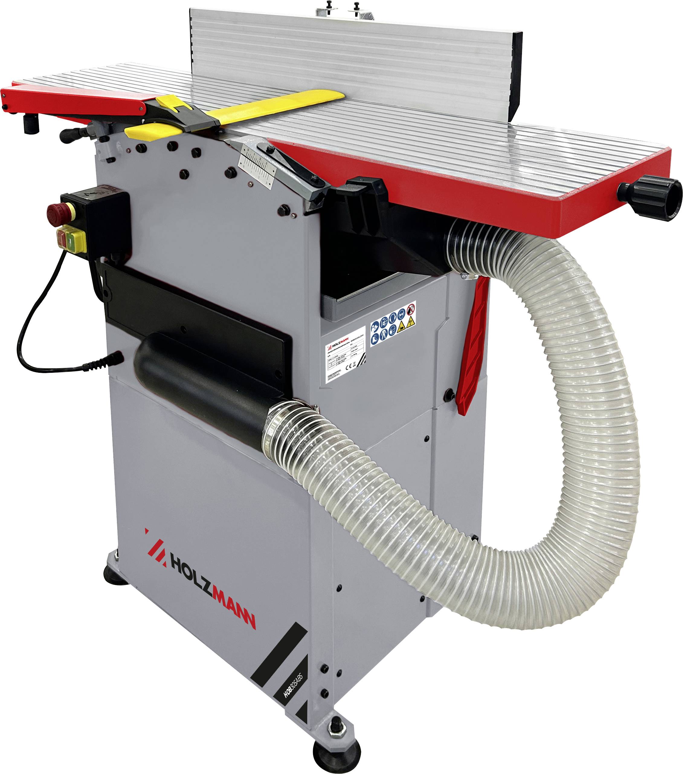 « Une machine à bois avec un carter rouge, un corps gris et un tuyau d'extraction de poussière attaché, utilisée pour assembler et raboter des surfaces en bois. »