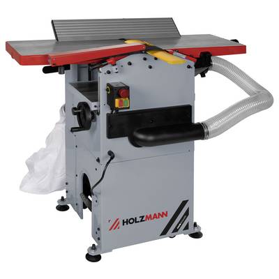 Une machine à raboter avec un design rouge et gris portant l'étiquette « Holzmann ». Elle est équipée d'un système d'aspiration des poussières et de protections de sécurité.