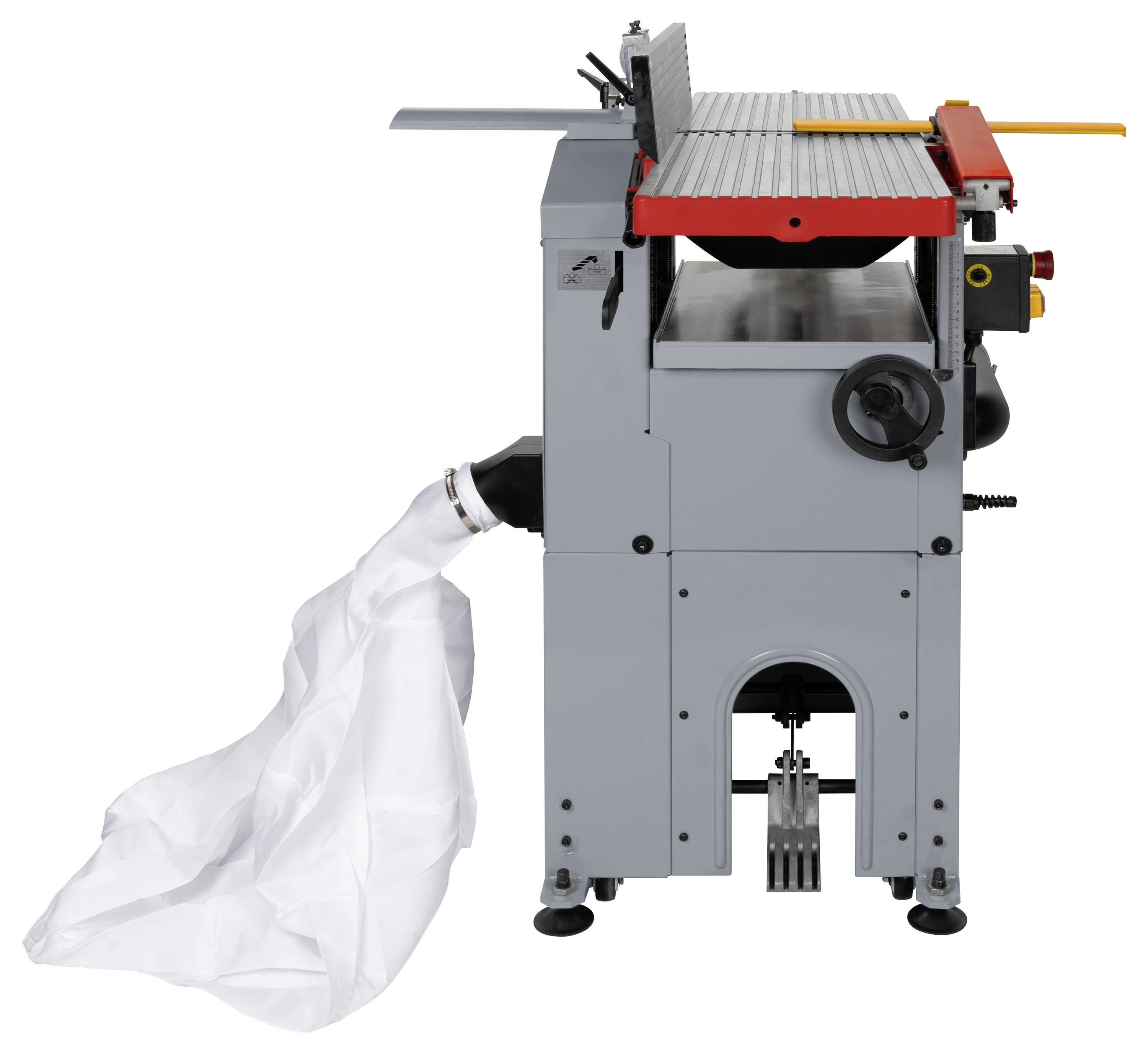 Une machine à travailler le bois de couleur grise avec un dessus rouge et un sac de collecte de poussière blanc attaché en dessous, utilisée pour le traitement du bois.