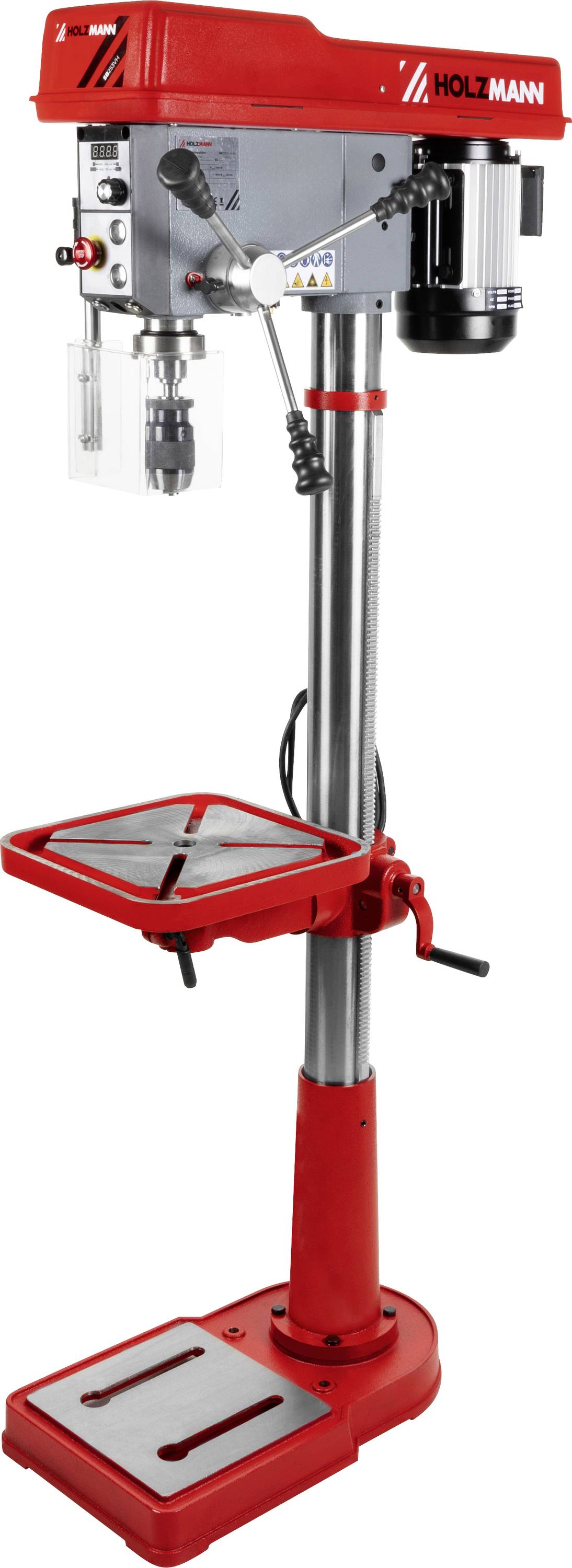 Une perceuse à colonne rouge et argentée avec une base, une table réglable et un moteur, utilisée pour des tâches de perçage précis sur métal ou bois.