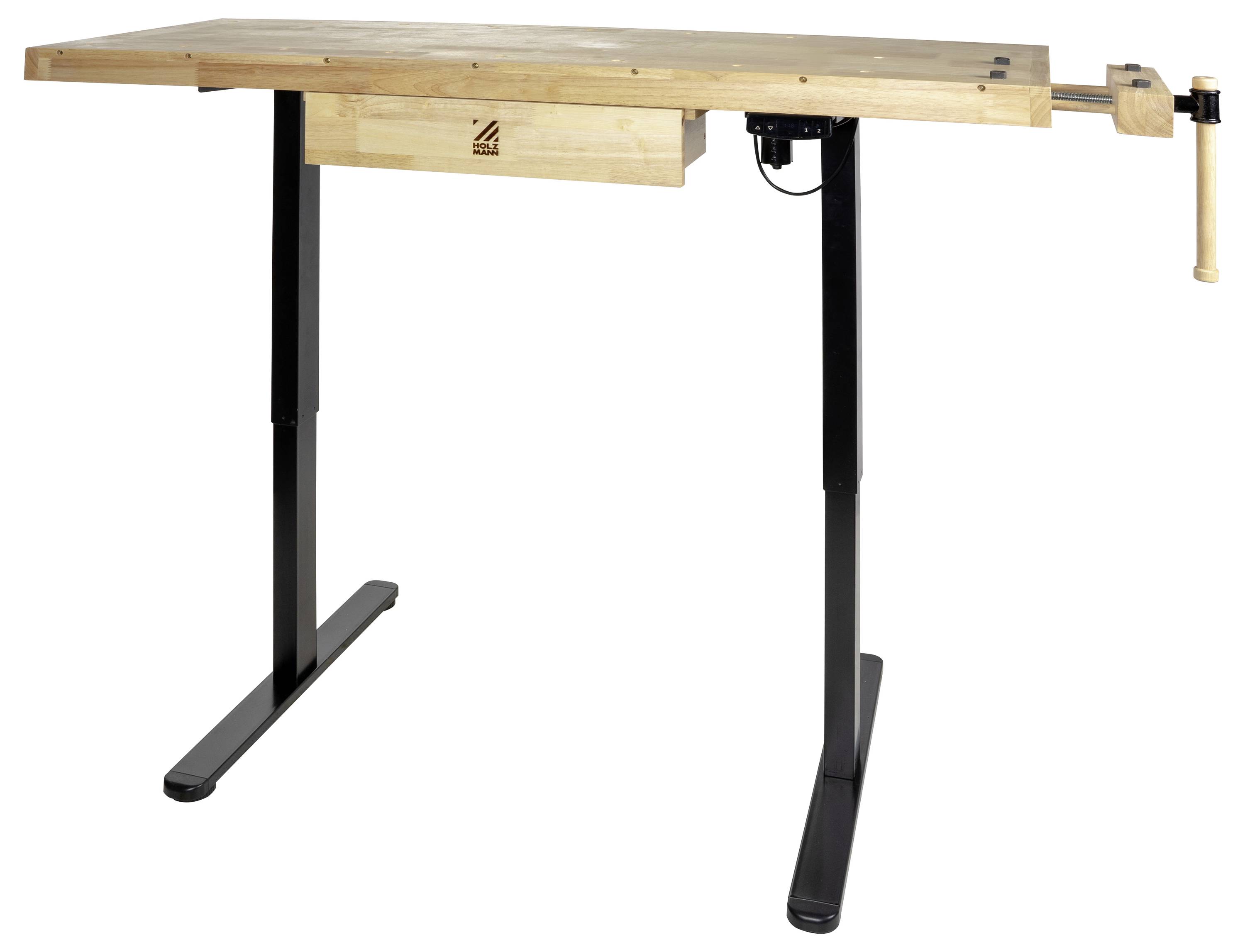 Un établi en bois monté sur des pieds réglables noirs, doté d'un étau sur le côté droit, adapté aux travaux de menuiserie.