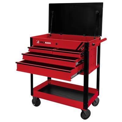 Un chariot à outils à roulettes rouge et noir avec trois tiroirs ouverts, un compartiment supérieur et une étagère inférieure.