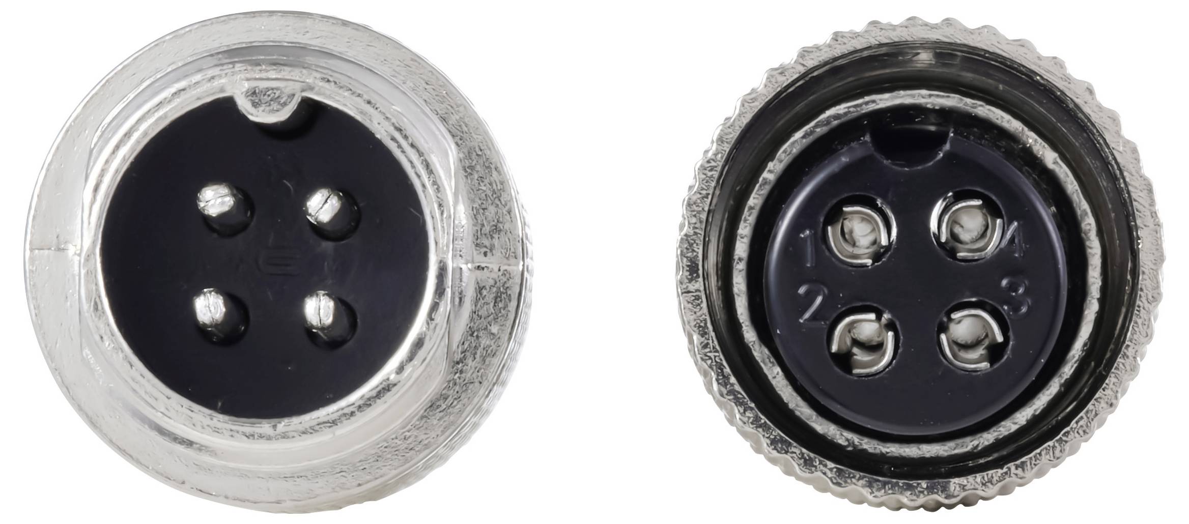 Deux connecteurs électriques circulaires métalliques à quatre broches avec des orientations différentes.