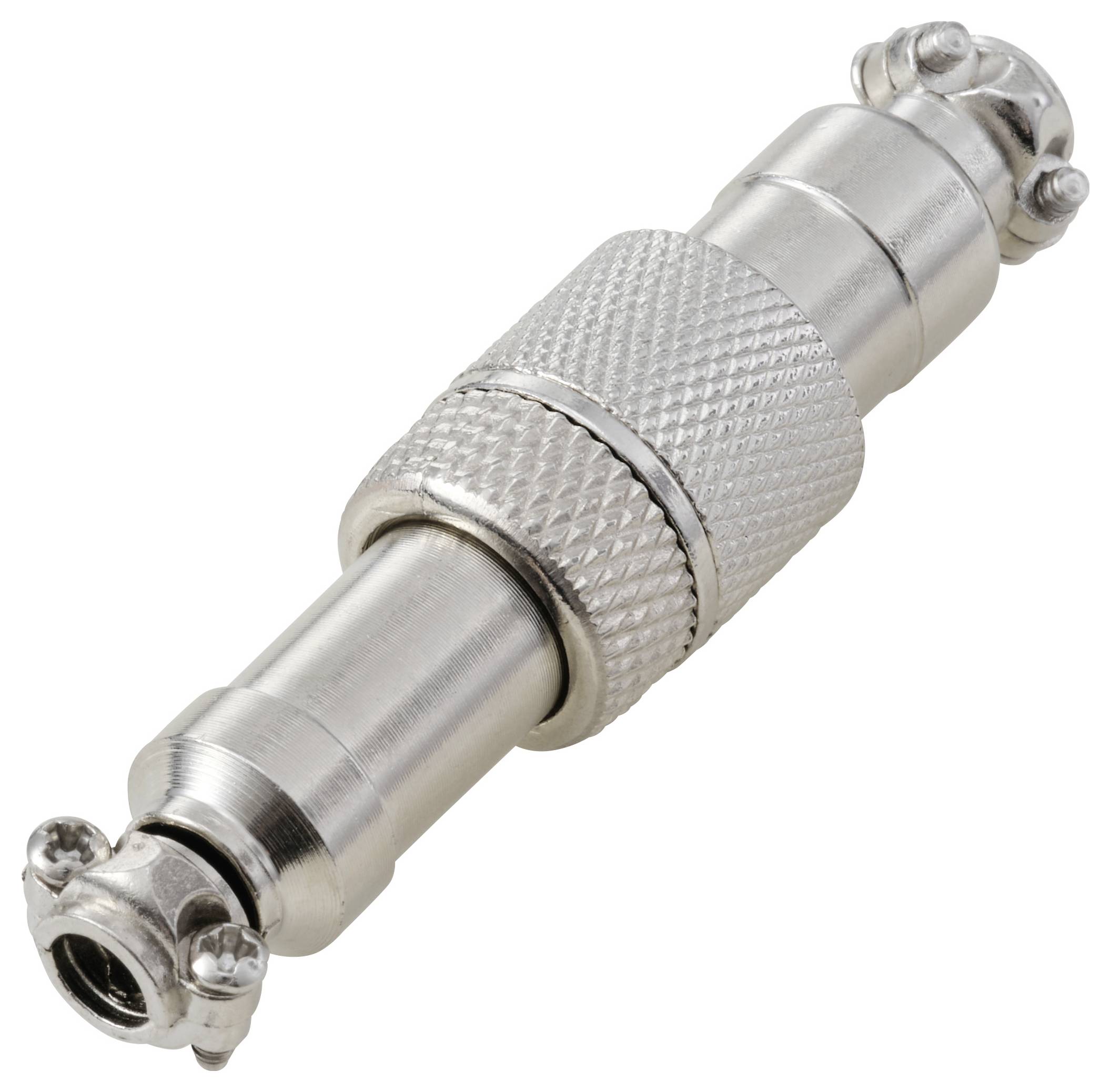 « Un connecteur de câble coaxial métallique avec bornes à vis et une prise striée pour une fixation sécurisée. »