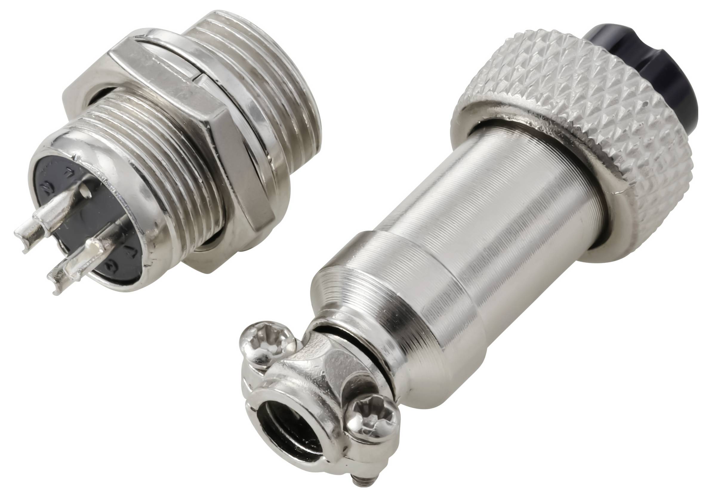 « Un connecteur électrique métallique à broches multiples, accompagné d'un support correspondant avec une prise circulaire, conçu pour un branchement sécurisé. »