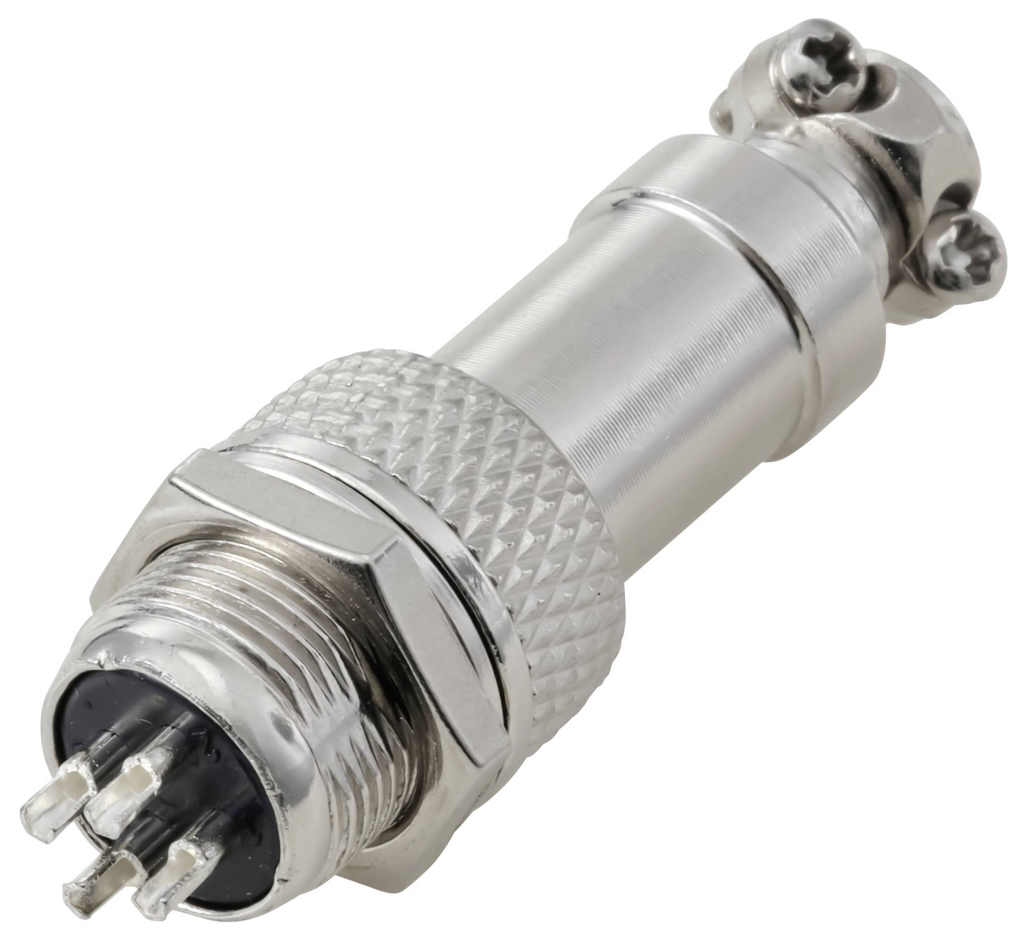 Un connecteur industriel métallique à broches multiples et à conception filetée, utilisé pour des connexions électriques sécurisées dans les machines ou les appareils.