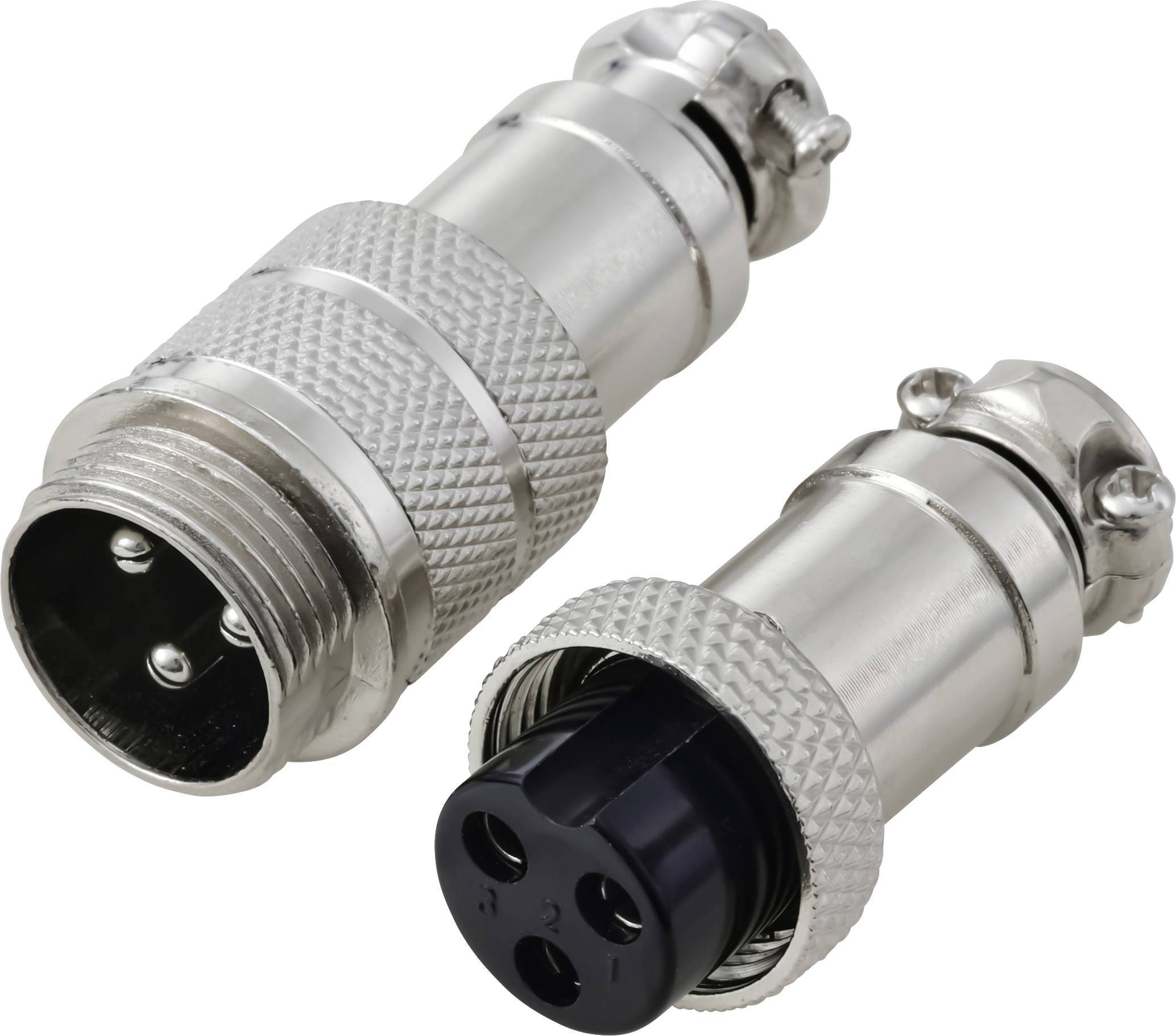 « Deux connecteurs circulaires métalliques avec trois broches et prises, utilisés pour l'équipement électronique, présentés sur un fond uni. »