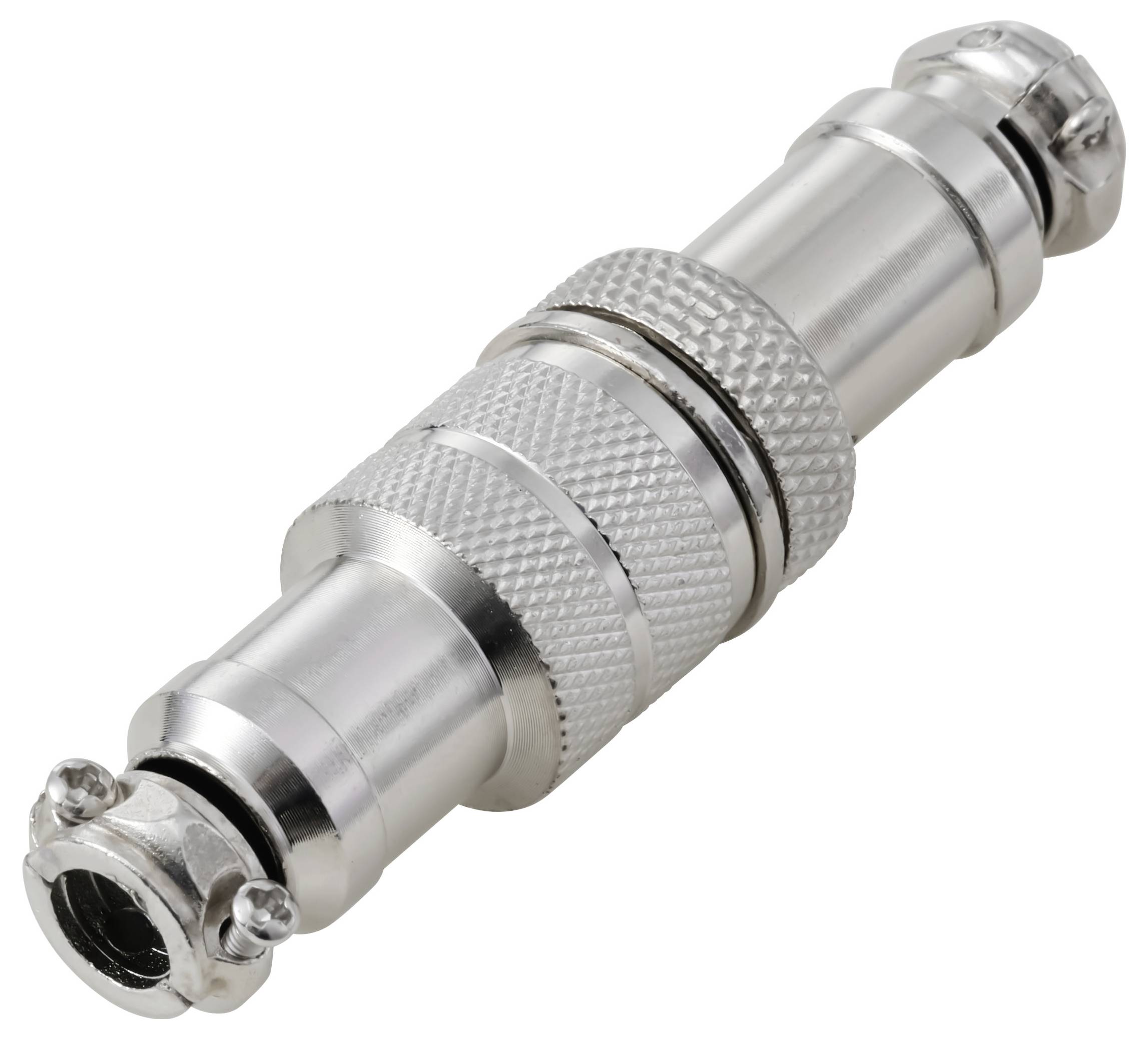 « Gros plan sur un connecteur audio métallique avec une prise striée, une forme cylindrique et des extrémités filetées pour une fixation sécurisée. »