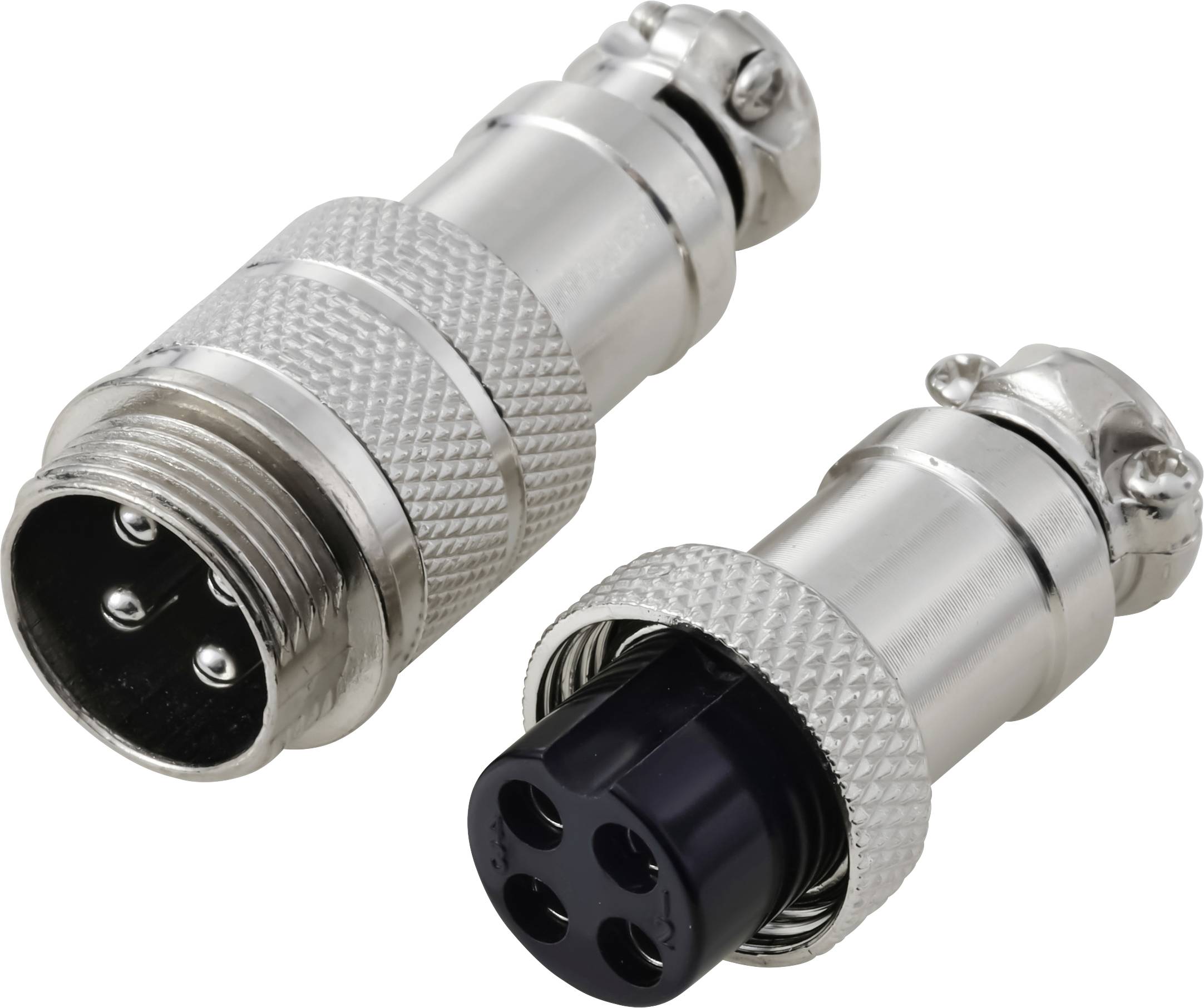 Deux connecteurs circulaires métalliques, l'un avec trois broches et l'autre avec quatre emplacements, utilisés pour connecter électriquement des appareils de manière sécurisée.