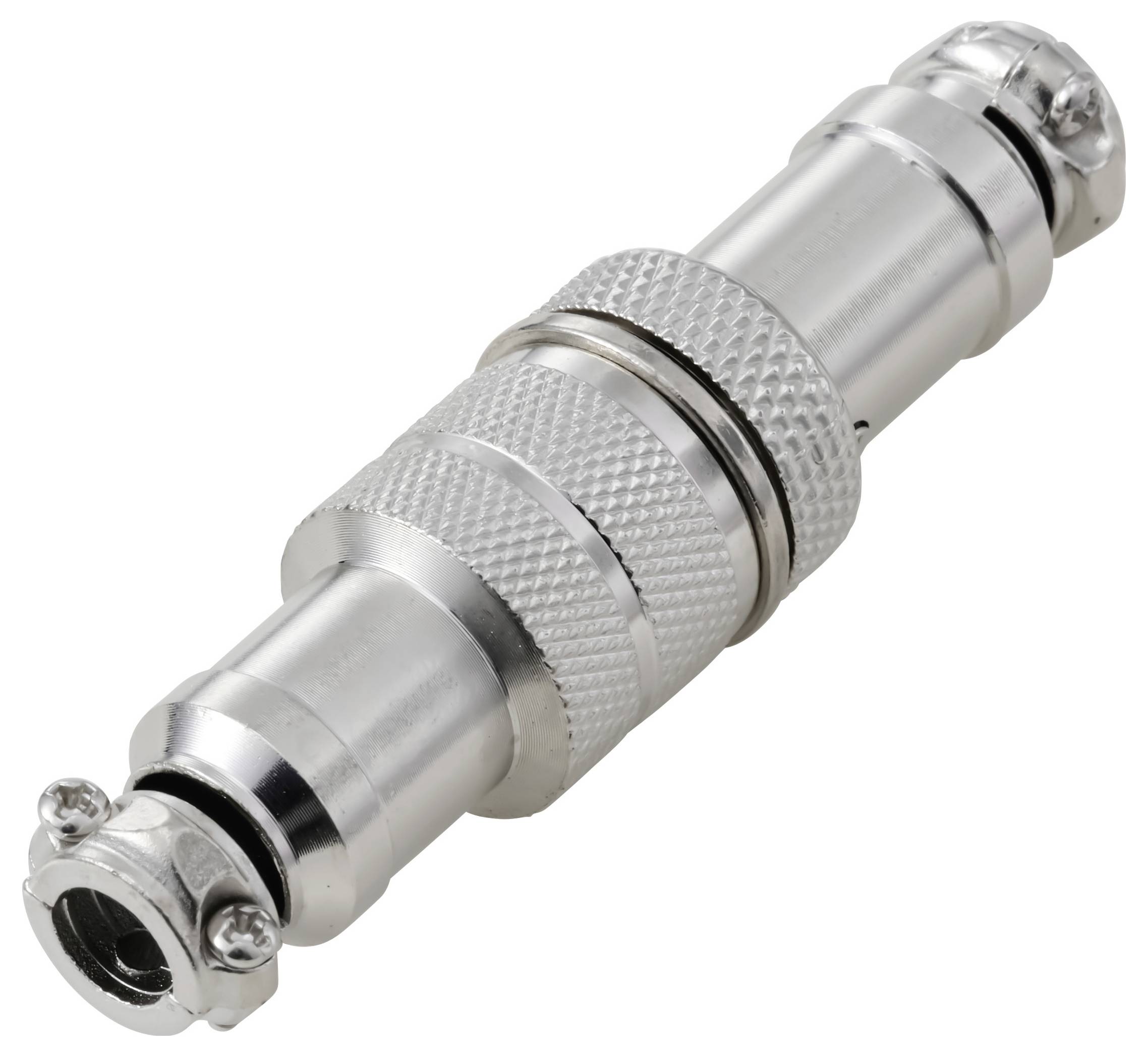 Un connecteur cylindrique en métal avec une prise texturée et deux bagues de fixation extérieures, utilisé pour sécuriser les câbles dans les équipements électroniques.