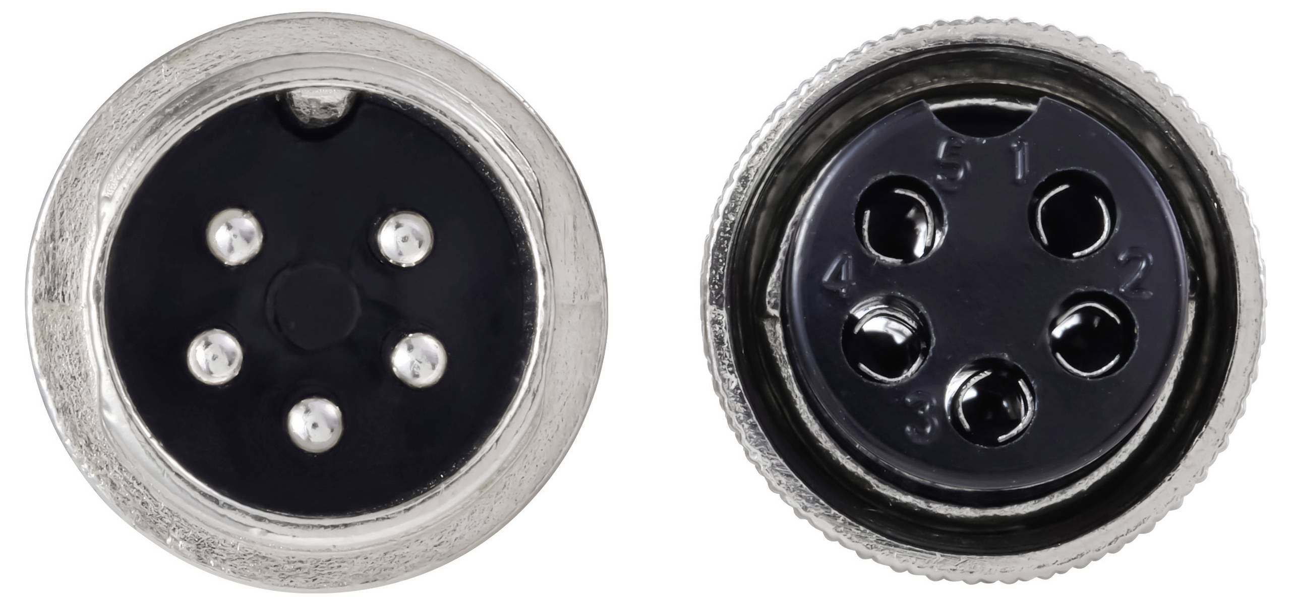 Une paire de connecteurs circulaires à 5 broches, vus de face, présentant des dispositions de broches numérotées. Les boîtiers métalliques ont une finition brillante.