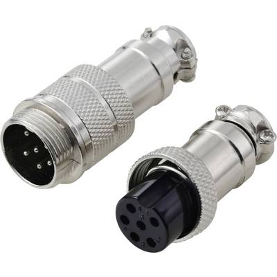 Deux connecteurs électriques circulaires métalliques à broches multiples avec prises texturées, l'un mâle et l'autre femelle, présentés alignés et démontés.