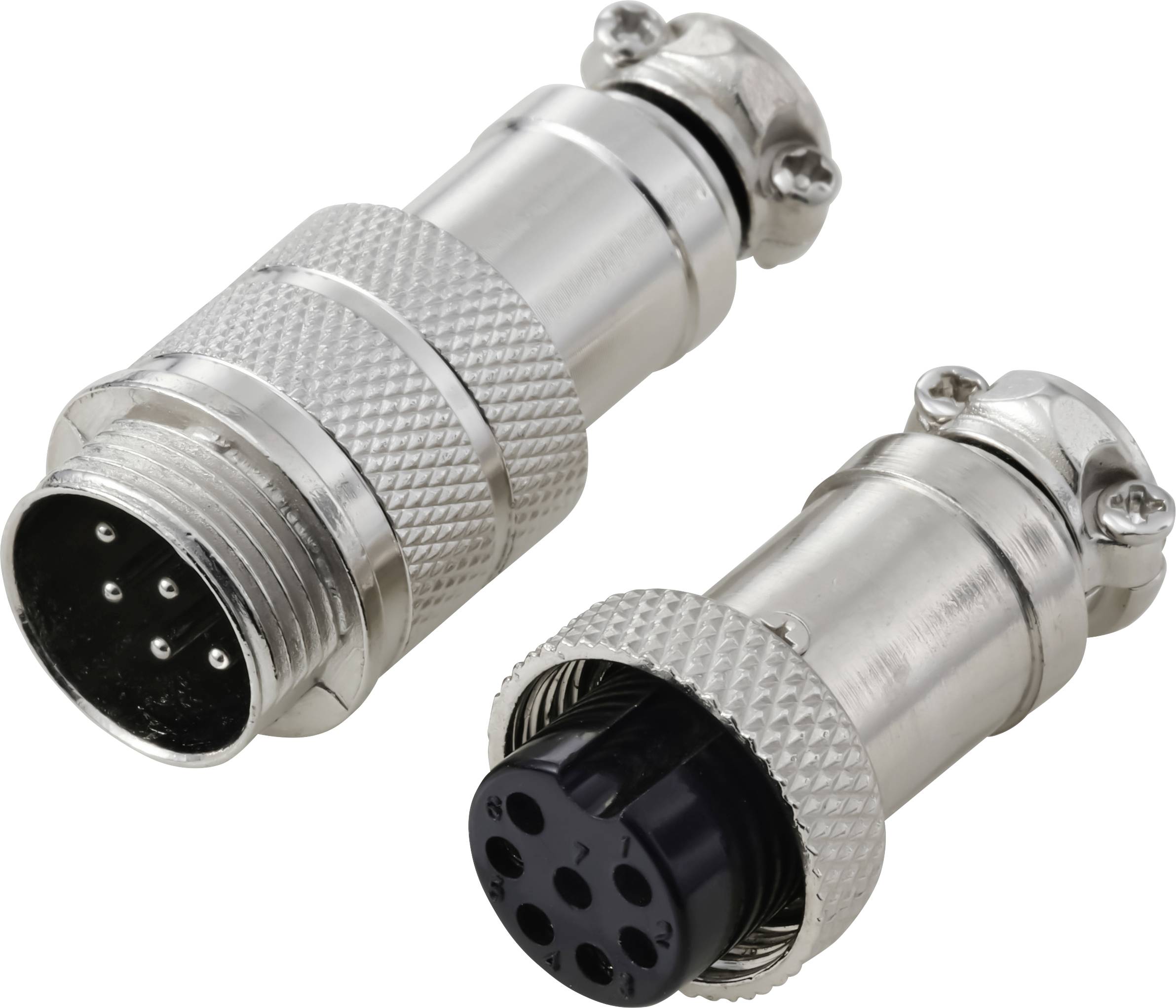 Deux connecteurs électriques métalliques, l'un avec des broches mâles et l'autre avec des socles femelles, conçus pour des connexions sécurisées et amovibles.