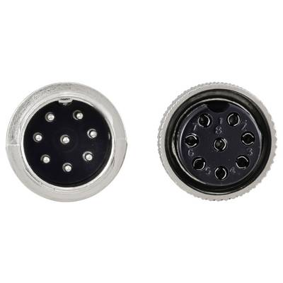 Deux connecteurs circulaires représentés, chacun avec plusieurs broches. Le connecteur de gauche possède 8 broches, tandis que celui de droite présente une numérotation inverse alignée avec des emplacements correspondants.