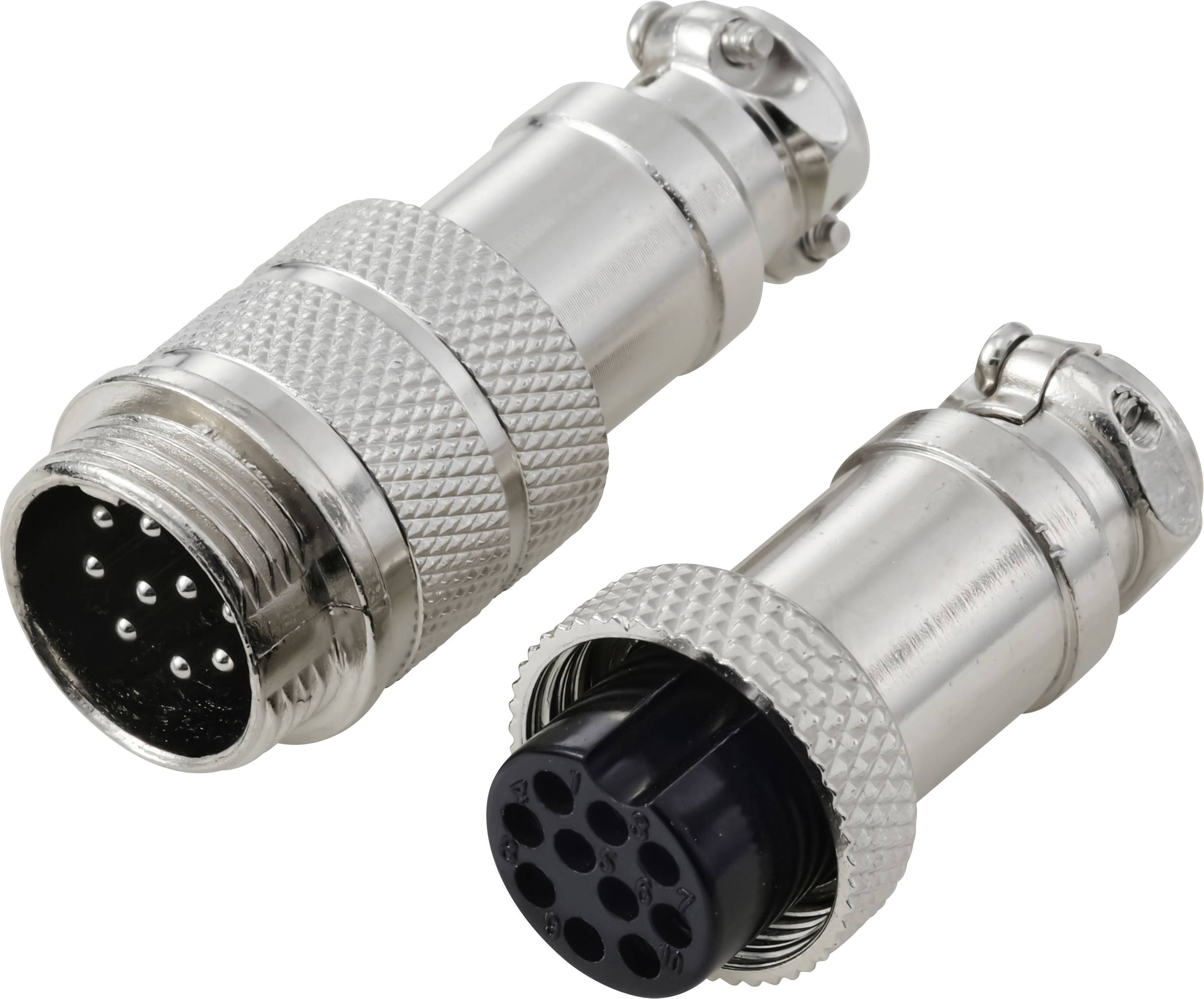 Deux connecteurs électriques circulaires métalliques avec de multiples broches et une finition extérieure robuste. Un connecteur est mâle, l'autre femelle.