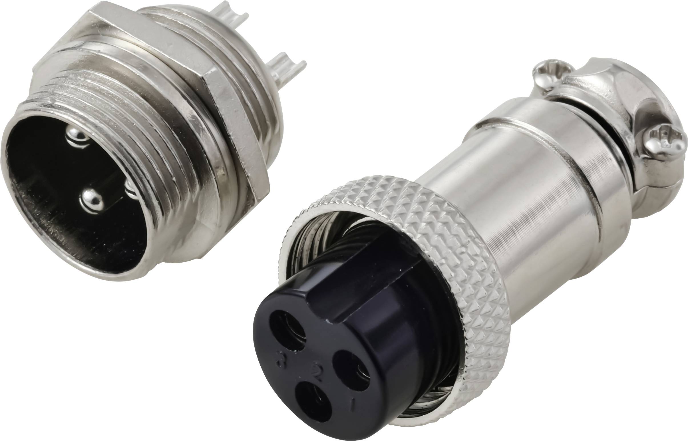 'Connecteur circulaire enfichable en métal à trois broches, conçu pour des applications industrielles ou électroniques, présenté en vue éclatée.'
