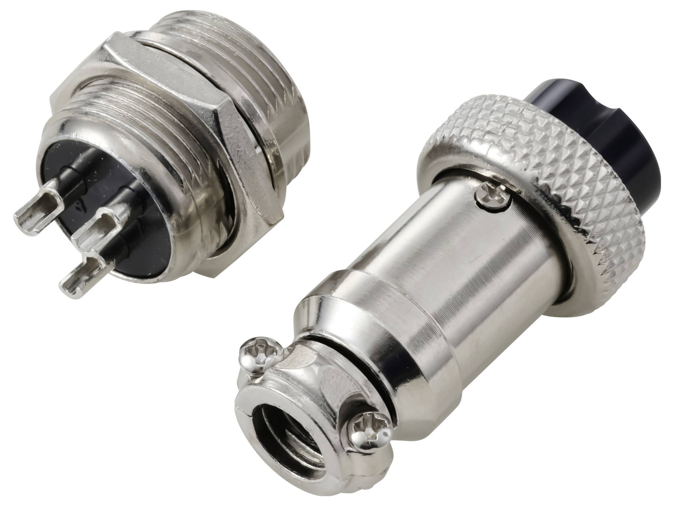 Connecteurs circulaires métalliques à bords rainurés avec broches multiples, présentant des composants mâles et femelles pour des connexions électroniques.