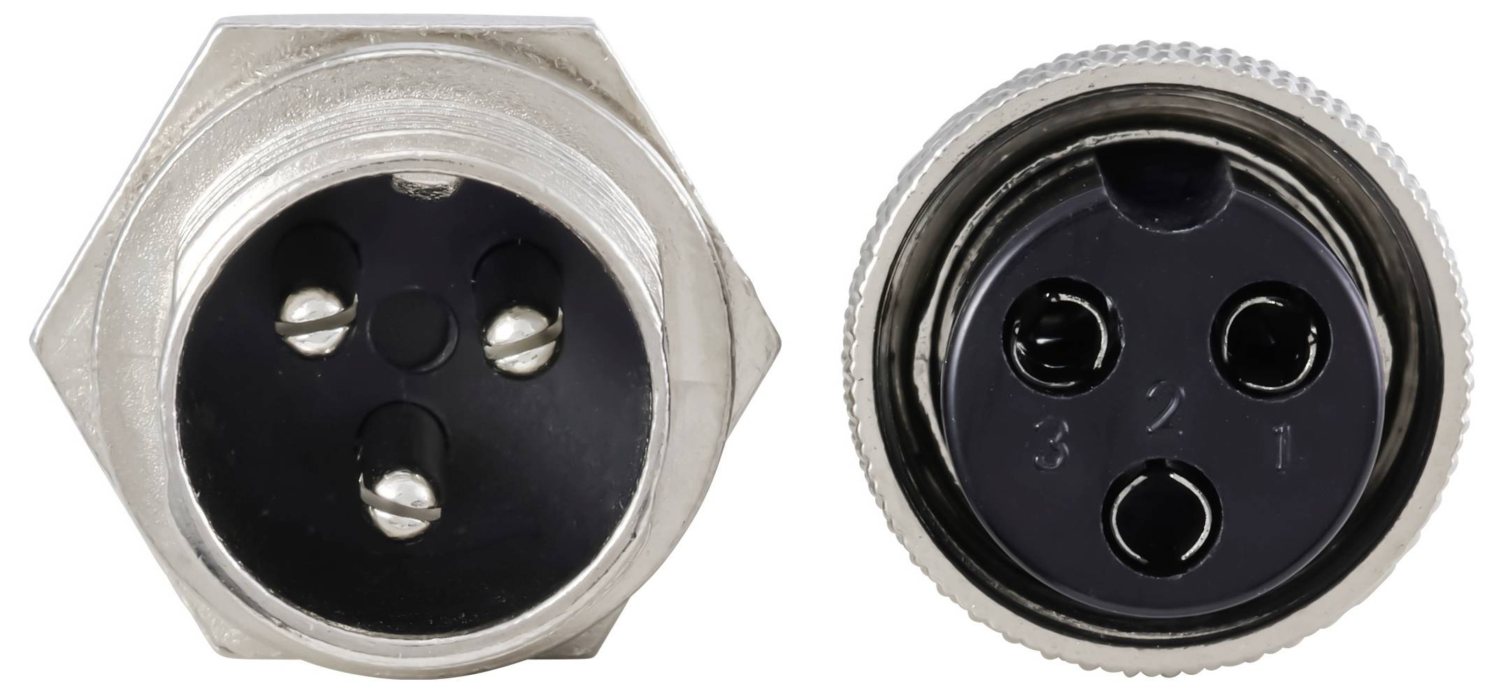 Une vue rapprochée d'un connecteur électrique à trois broches, montrant l'avant des extrémités mâle et femelle, numérotées 1, 2 et 3.