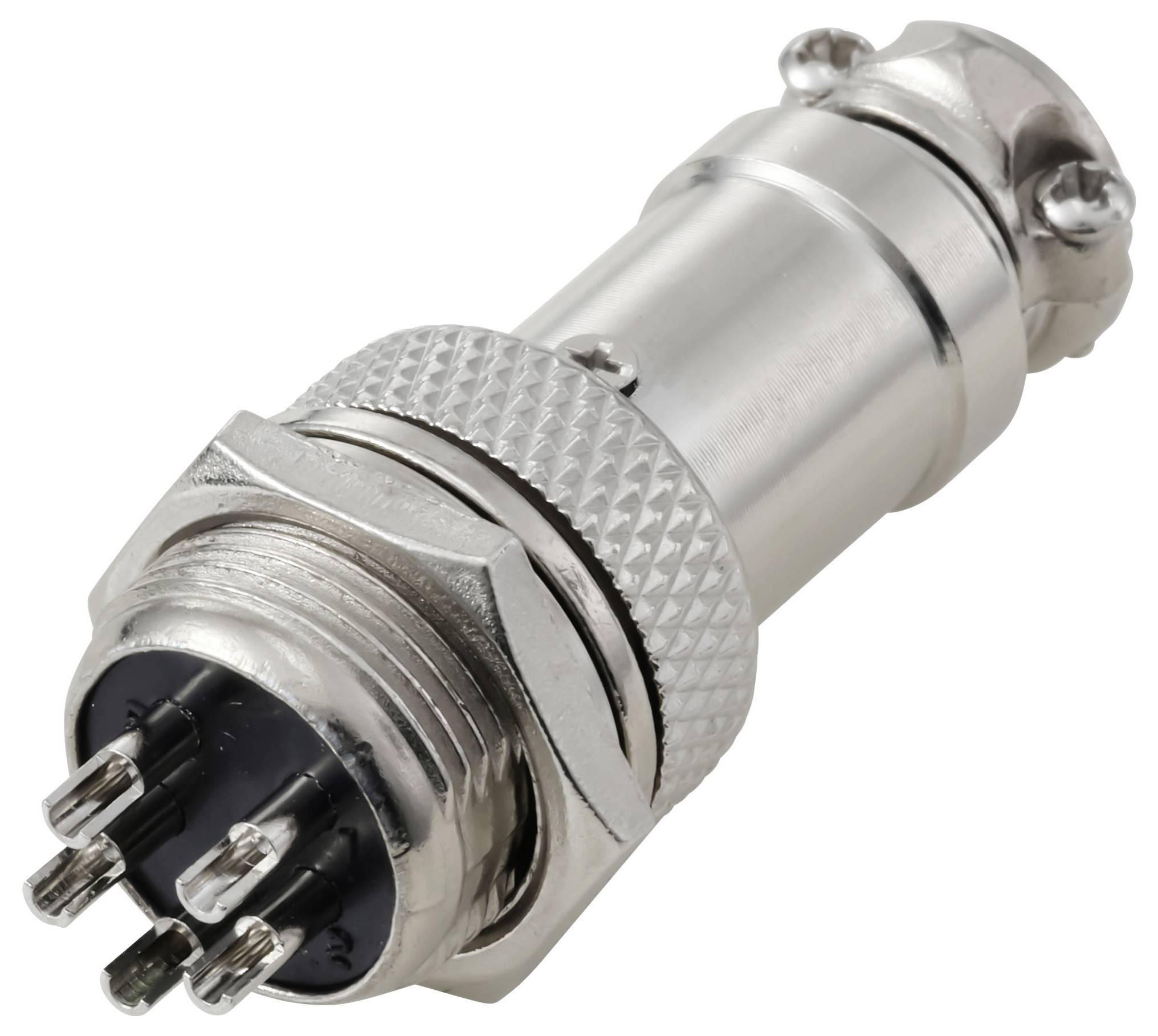 Un connecteur électrique métallique de forme cylindrique avec quatre broches, conçu pour fixer solidement des câbles dans des appareils électroniques.