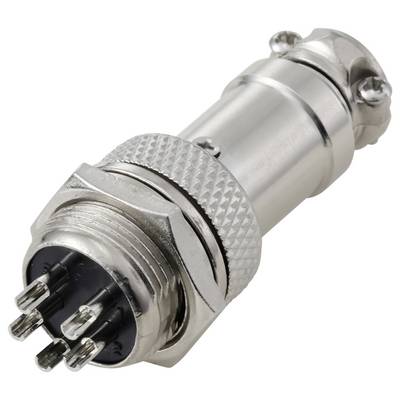 Un connecteur électrique métallique de forme cylindrique avec quatre broches, conçu pour fixer solidement des câbles dans des appareils électroniques.