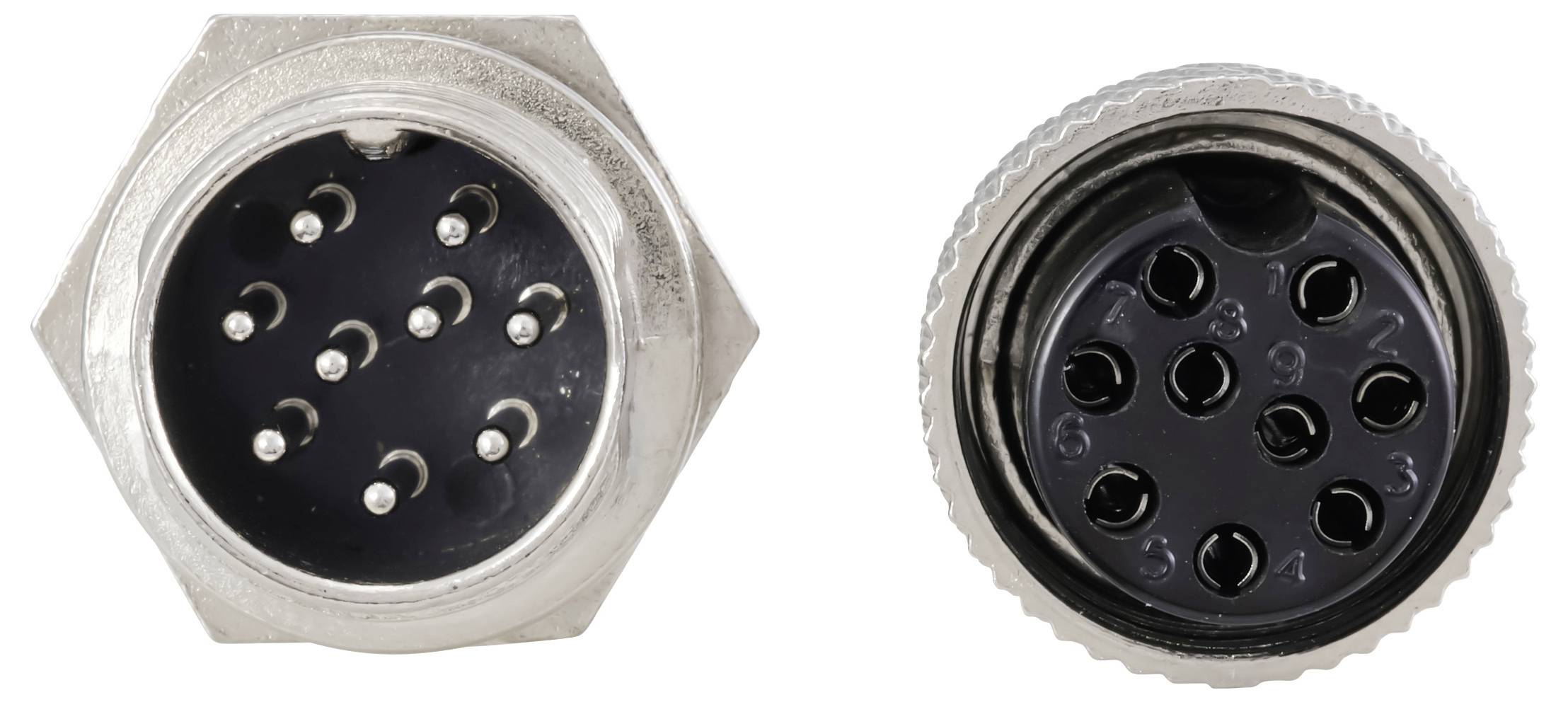 Deux connecteurs circulaires à broches multiples disposées selon un motif, équipés de boîtiers extérieurs métalliques.