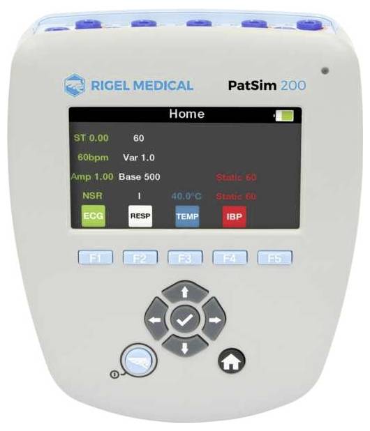 Un écran d'appareil médical affichant 'PatSim 200' avec des options pour ECG, RESP, TEMP et IBP. Affiche des paramètres tels que 'ST 0,00' et '60 bpm'.