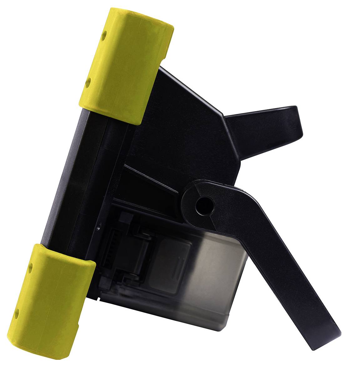 Un arrêt de porte manuel noir avec une poignée articulée et des prises jaunes est représenté sous un angle latéral.