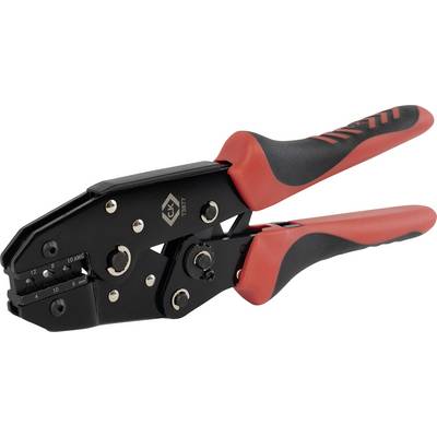 Un outil de sertissage avec des mâchoires en métal sombre et des poignées rouges, utilisé pour assembler des matériaux en les déformant afin de les maintenir solidement ensemble.