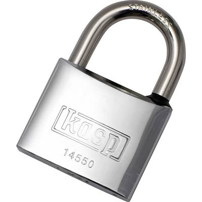 Un cadenas en acier inoxydable avec une finition brillante, portant la marque « KASP » et le numéro « 14550 » gravé sur le devant.
