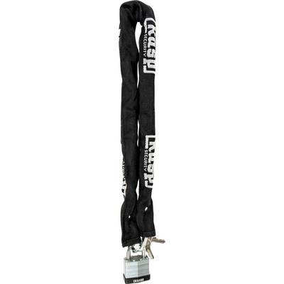 Une chaîne de sécurité noire avec un cadenas et deux clés attachés, utilisée pour sécuriser des vélos ou d'autres objets de valeur.