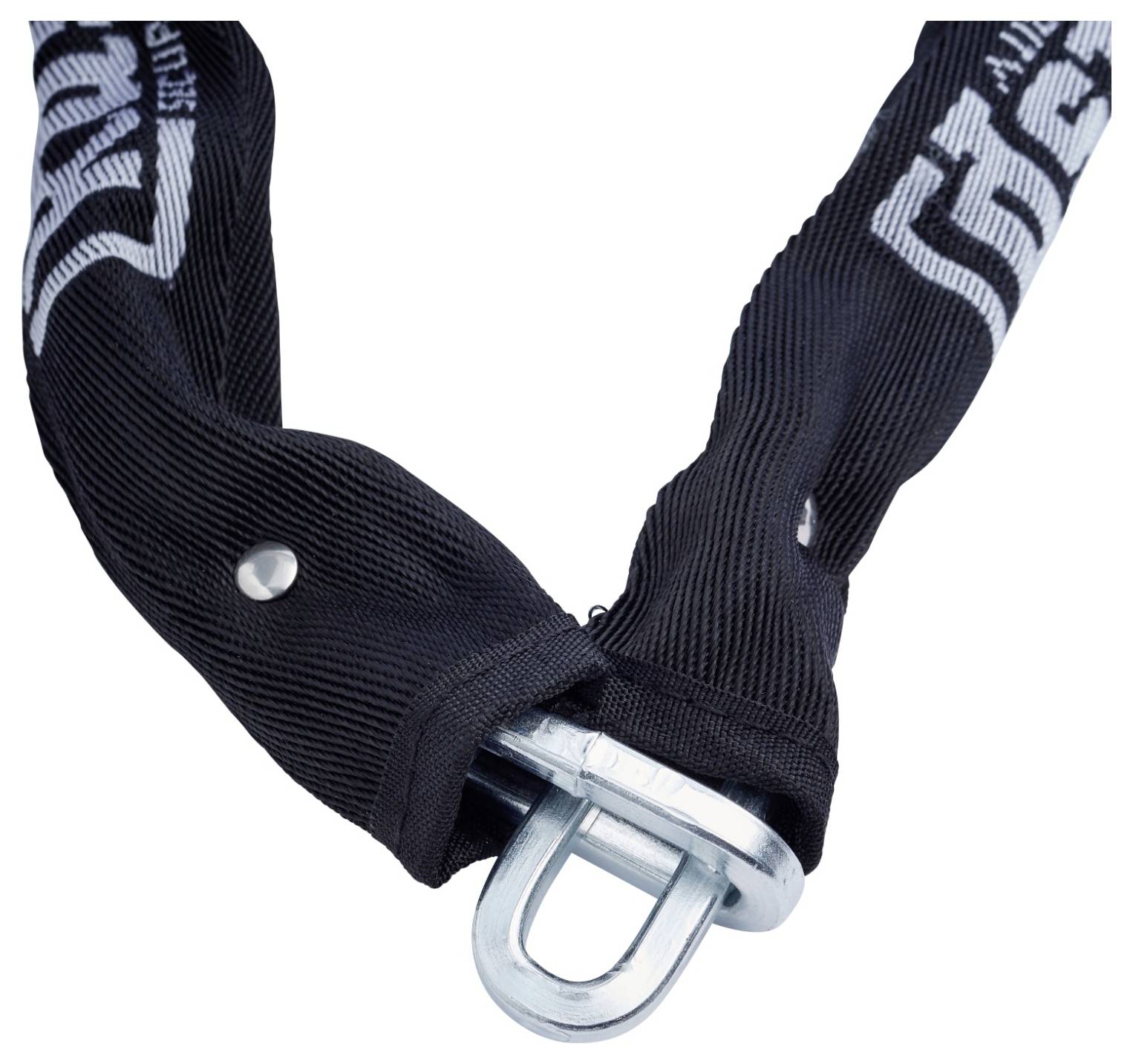 Une chaîne antivol de sécurité robuste et noire, composée de maillons métalliques, recouverte d'une gaine de protection portant des lettres blanches.