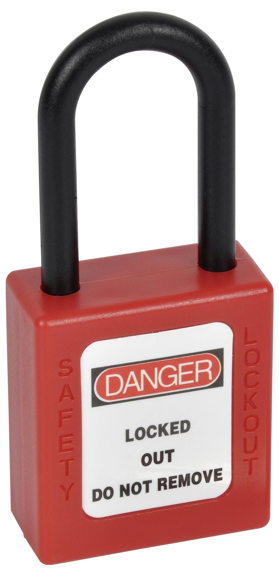 Cadenas de sécurité rouge avec étiquette 'DANGER, VERROUILLÉ, NE PAS ENLEVER' ; utilisé pour les procédures de condamnation et d'étiquetage afin de garantir la sécurité lors de la maintenance des équipements.
