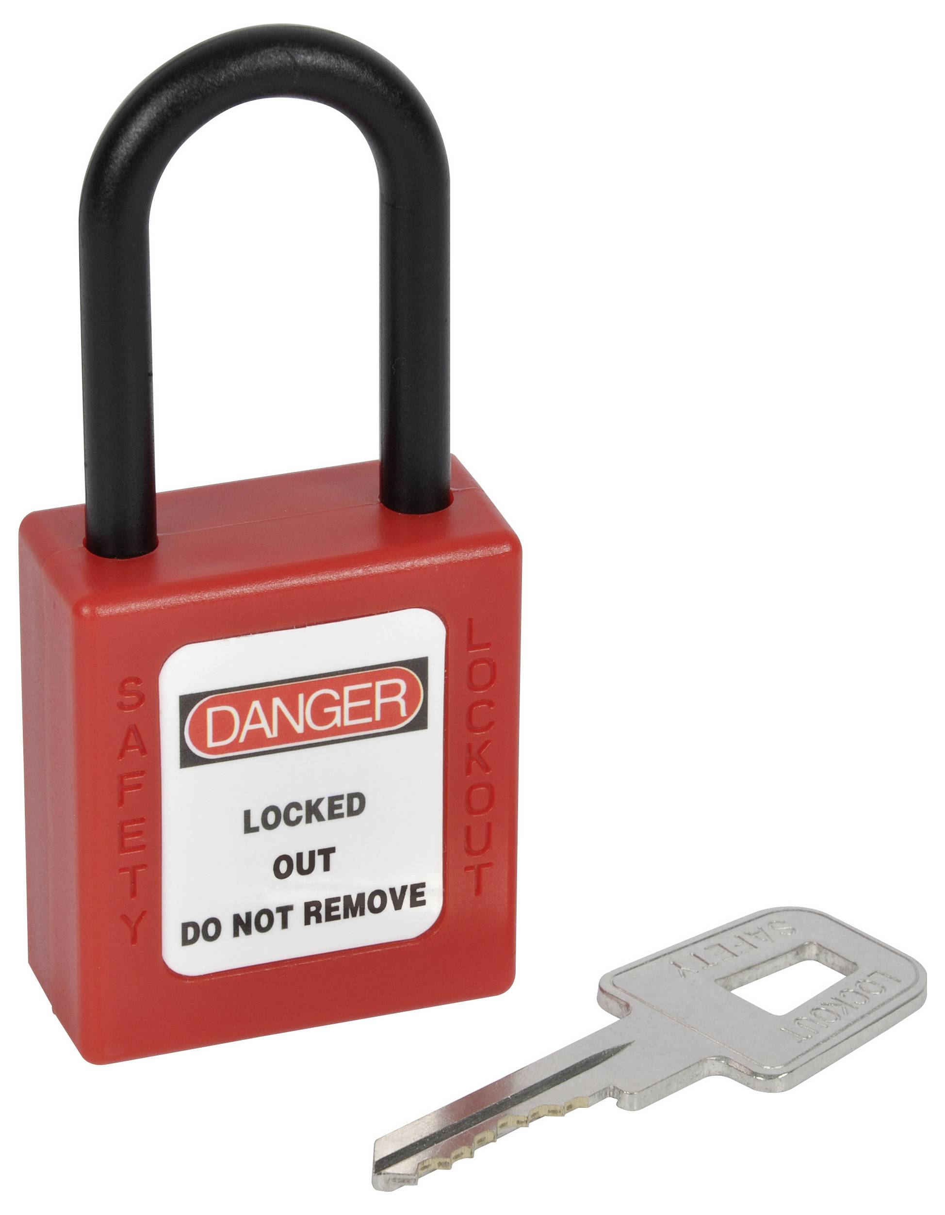 Cadenas de verrouillage rouge étiqueté « DANGER VERROUILLÉ NE PAS ENLEVER », avec des avertissements de sécurité et une clé à côté.
