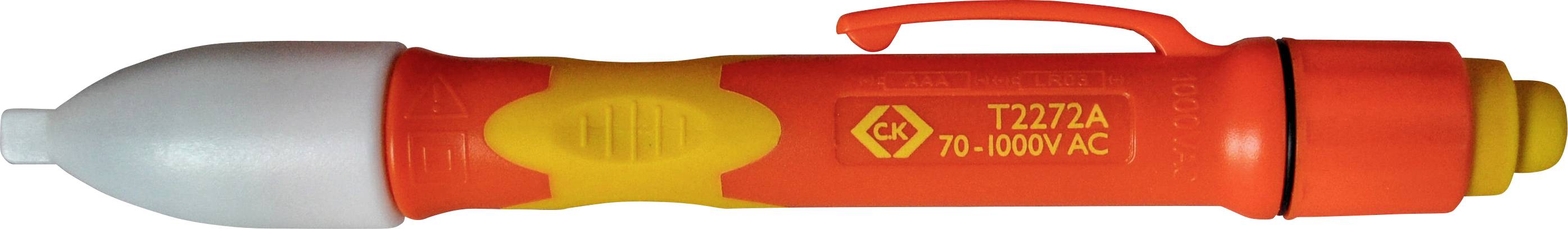 Un stylo testeur de tension orange portant l'étiquette « T2272A » pour identifier les circuits électriques, marqué pour une utilisation en courant alternatif de 70 à 1000 V, avec un clip pour la portabilité.