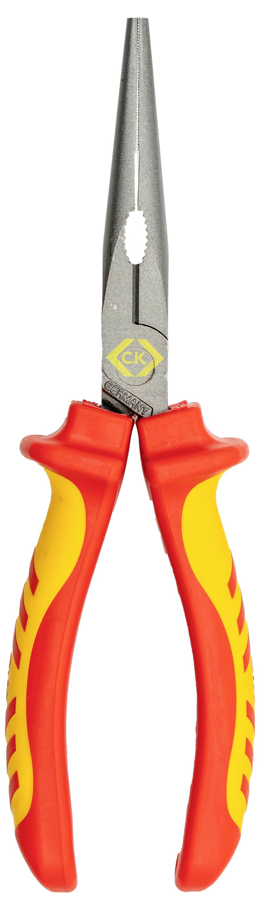 Pinces à bec long avec une poignée rouge et jaune, dotées d'une poignée isolée pour les travaux électriques.