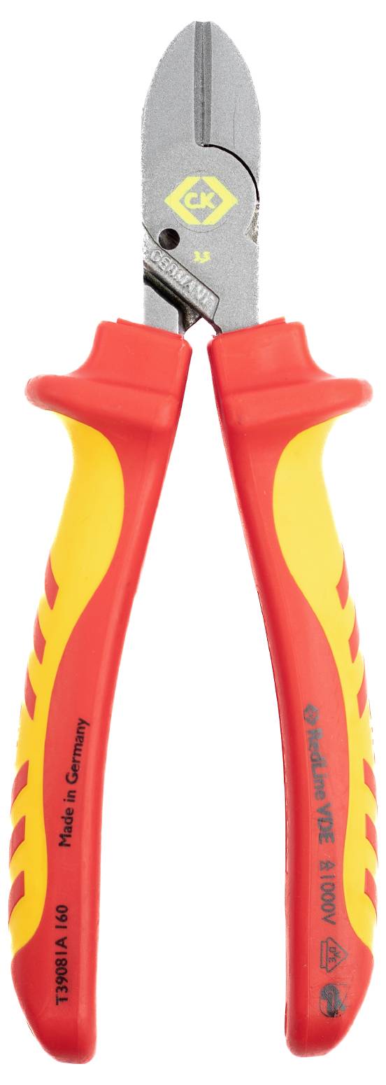 Pinces isolées en rouge et jaune avec un bord de coupe métallique, conçues pour les travaux électriques. Fabriquées en Allemagne avec des caractéristiques de sécurité.