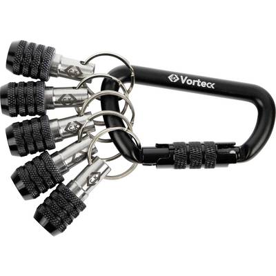 Mousqueton de marque 'Vortex' de couleur noire, équipé de cinq porte-clés détachables, chacun présentant un design de prise texturée pour une fixation sécurisée.