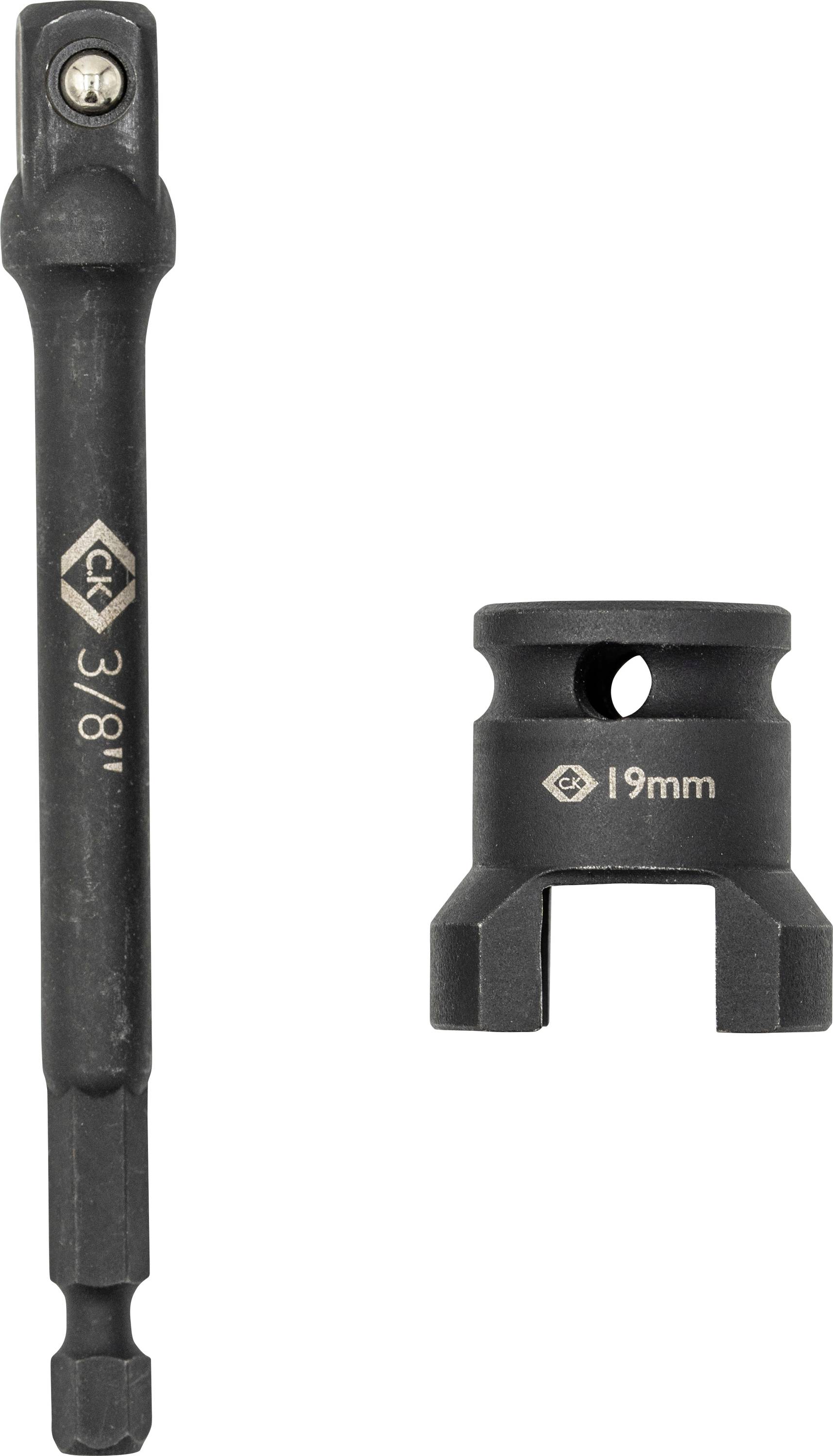 Un adaptateur de douille hexagonale de 3/8 de pouce à côté d'une douille de 19 mm avec des encoches, utilisé pour fixer des douilles à des perceuses ou des visseuses à chocs pour une utilisation mécanique.