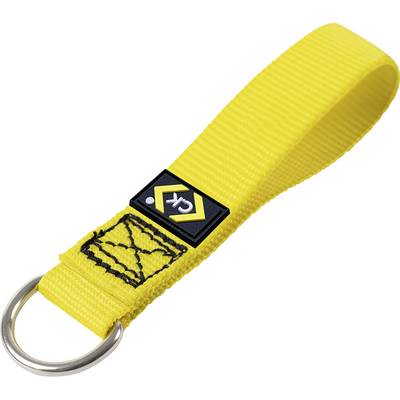 Un porte-clés jaune avec une boucle en métal argenté et un logo cousu en noir sur le tissu, présentant un symbole de diamant jaune.