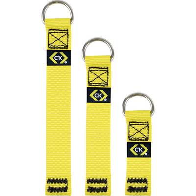 Trois sangles jaunes avec des anneaux métalliques portant l'étiquette « CK » ; elles varient en longueur de petit à grand. Elles semblent être des accessoires d'outils.