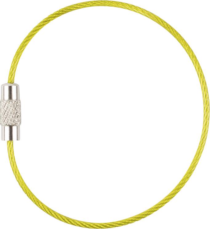 Un porte-clés câble jaune avec un connecteur métallique forme une boucle complète.