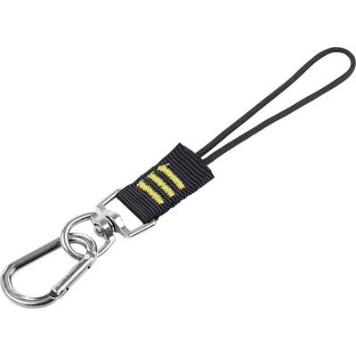 'Porte-clés noir avec mousqueton métallique et deux flèches jaunes brodées sur le tissu.'