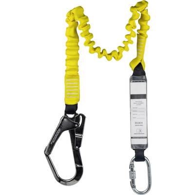 Lanière de sécurité jaune amortissante avec deux crochets métalliques pour fixation sur un harnais de sécurité, utilisée dans les systèmes de protection contre les chutes.
