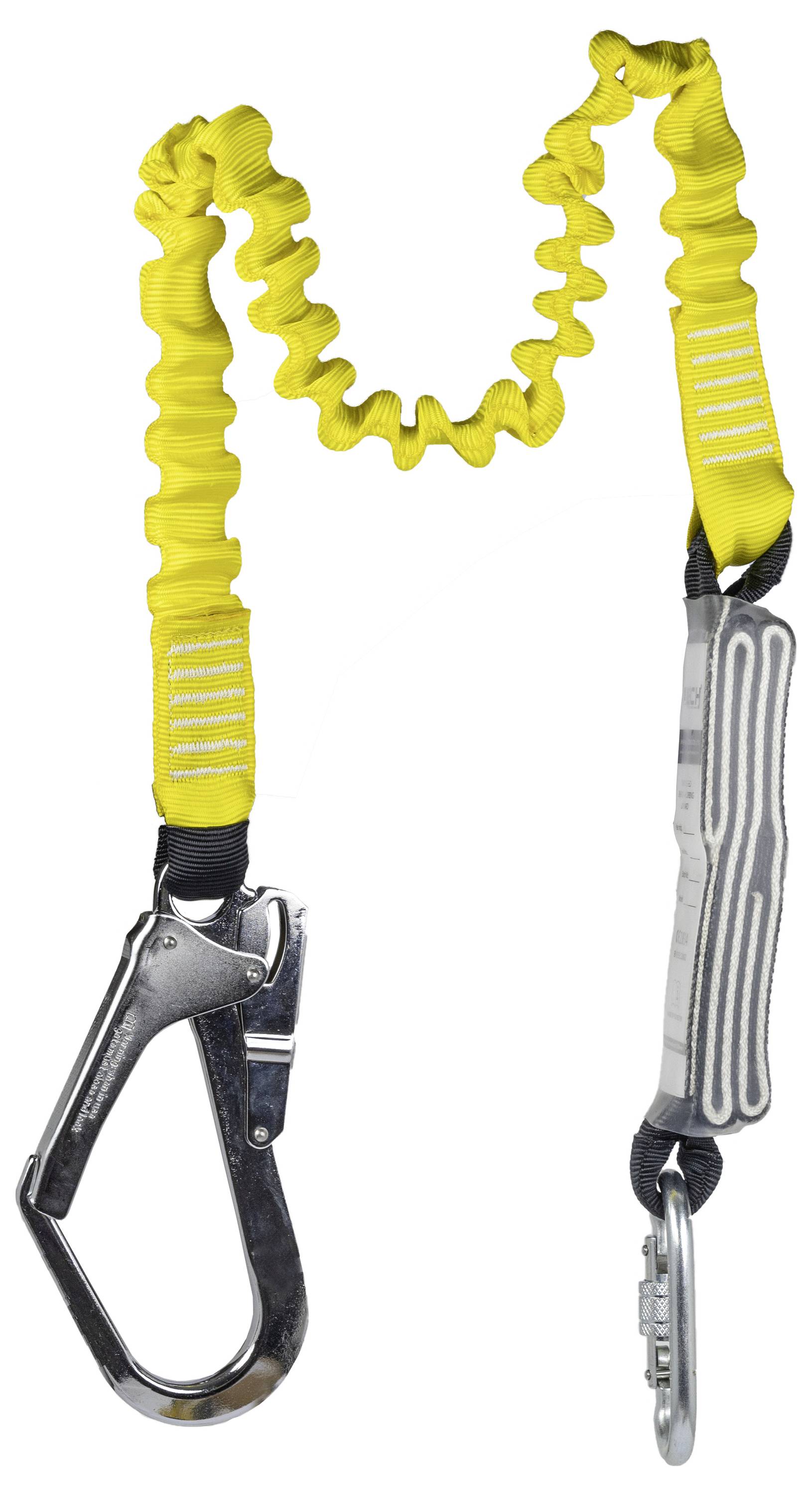Un longe de sécurité jaune amortisseur de chocs, muni de crochets métalliques à chaque extrémité, utilisé pour la sécurité lors de travaux en hauteur ou sur des chantiers de construction.
