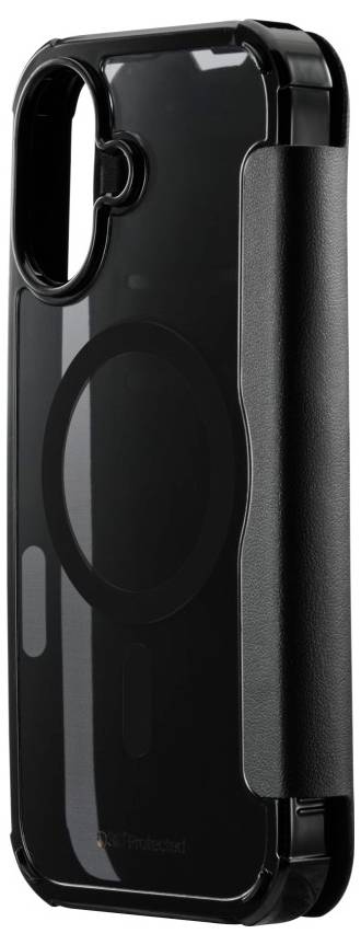 Un étui de smartphone noir avec une poignée circulaire et un support latéral, conçu pour protéger et offrir des fonctionnalités.