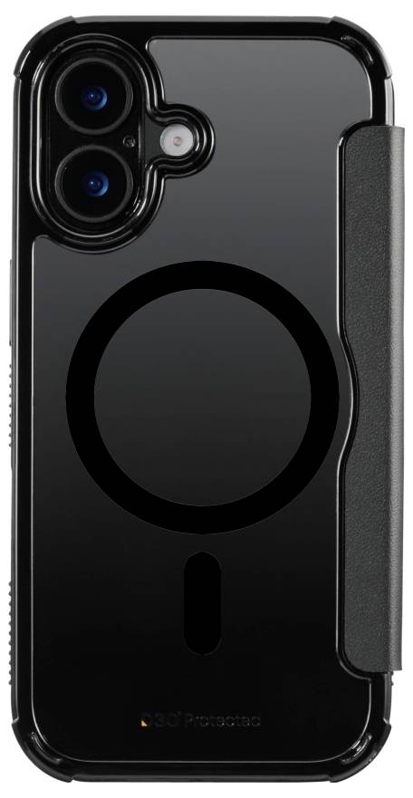 Un étui de smartphone noir avec un support rabattable, présentant un design circulaire à l'arrière. L'étui est conçu pour offrir une protection.