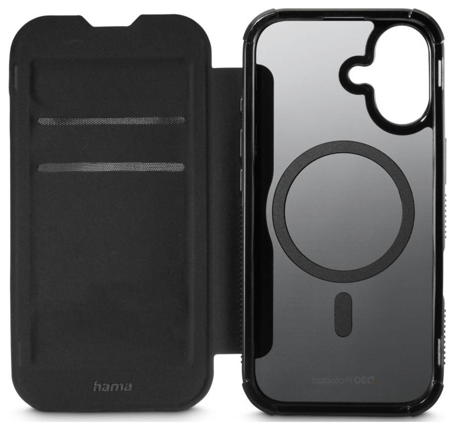 Étui de téléphone transparent avec anneau MagSafe, montrant les détails intérieurs et un couvercle noir ouvert. Nom de marque « hama » visible sur la languette de couverture.