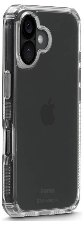 Un étui de téléphone transparent sur un iPod Touch montrant deux caméras et des boutons sur le côté. Le logo Apple est visible au dos.