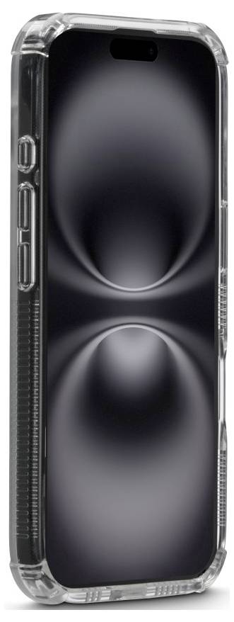 Un smartphone au design élégant et futuriste, avec un étui de protection transparent, affichant des sphères sombres abstraites sur son écran.